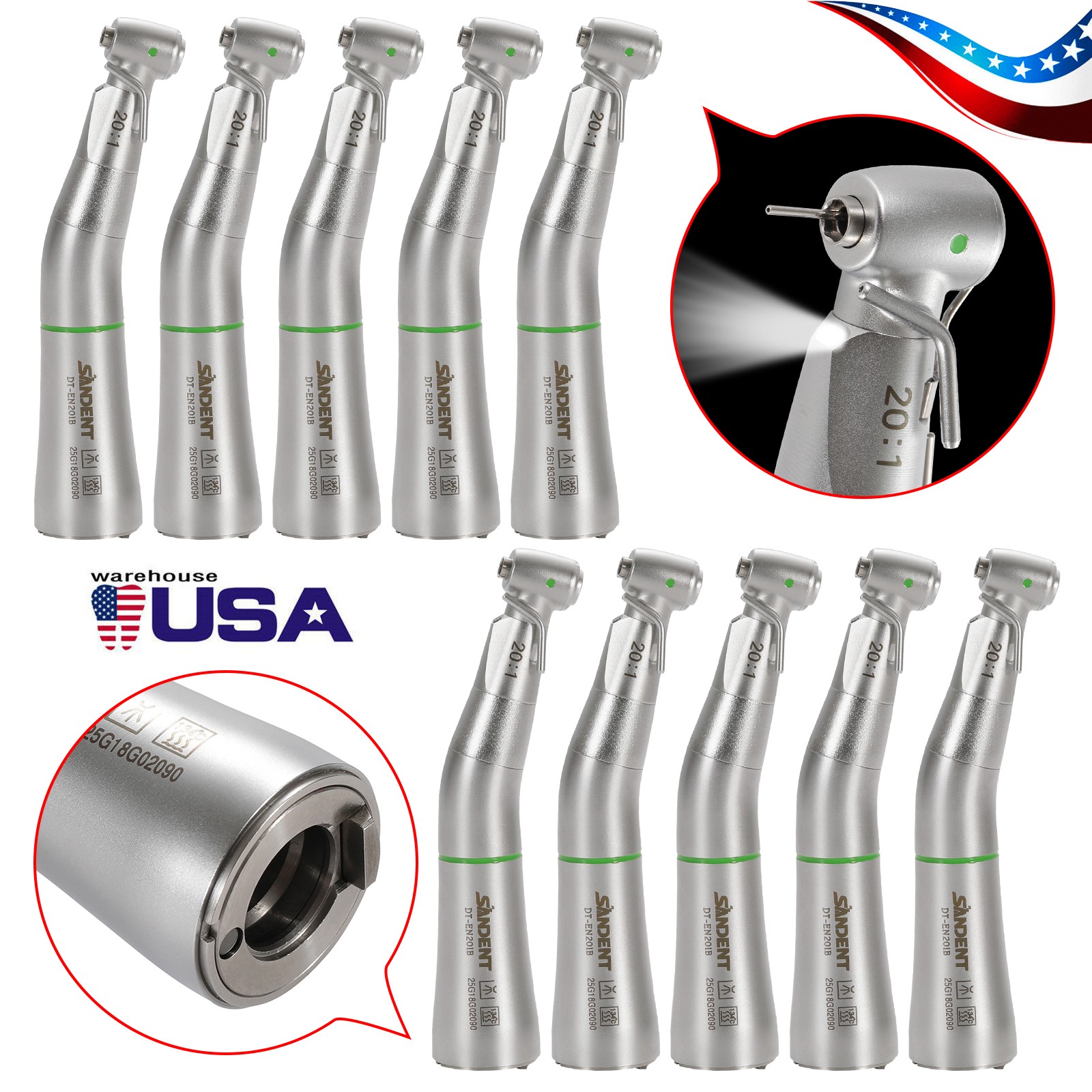 1-10*Dental 20:1 Implant Handpiece Contra Angle Surgical Fiber Optic W/H KaV