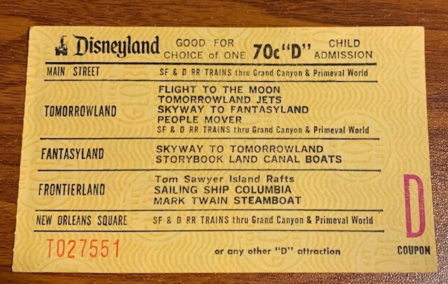 Vintage Disneyland 70c "D" Child Admission 5 Lands Free Shipping