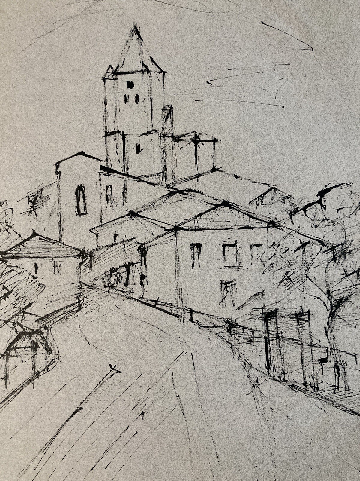 Beau Dessin Encre Village Cubiste Post Cubisme Papier 1960 Provence Maison Art