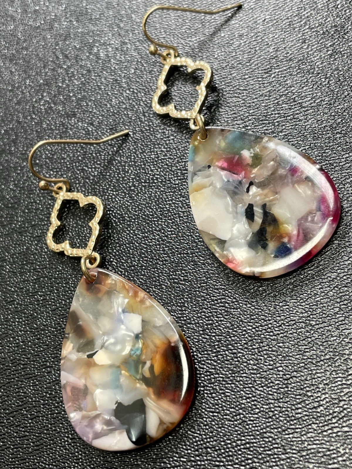 Vintage 2.5” Colorful Lucite Gold Tone Dangle Earrings