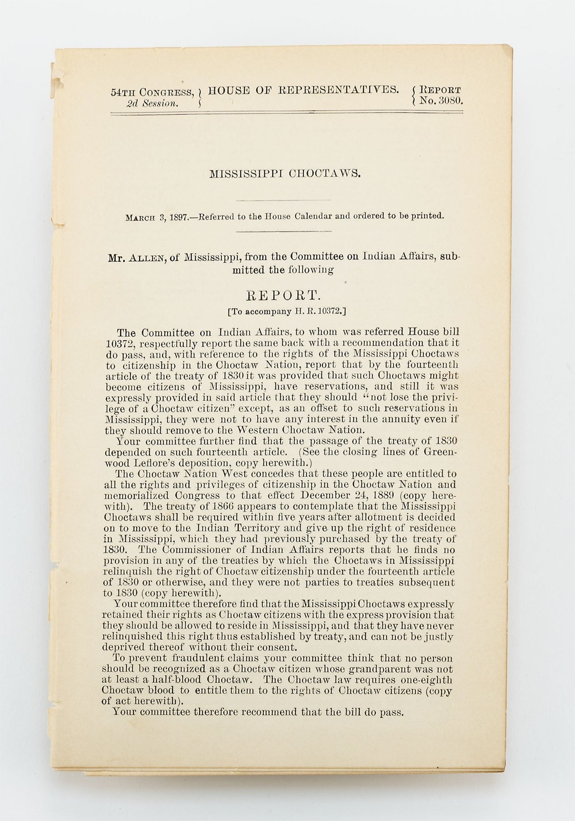 [U.S. Congress] – 1897 House Report on Rights of Mississippi Choctaws…