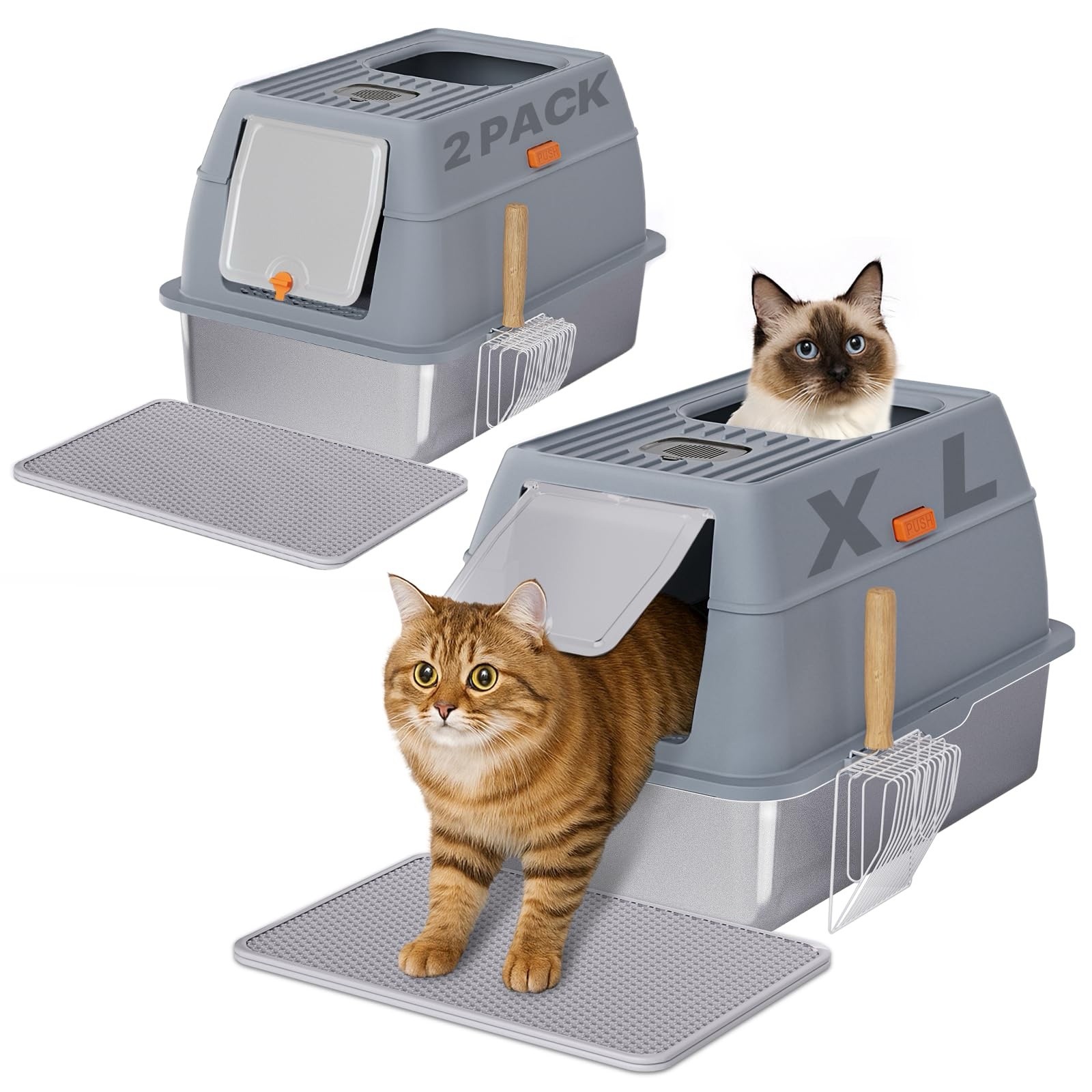 2 Pack Stainless Steel Cat Litter Boxes with Lids,XL Extra Large 16" Deep, Grey