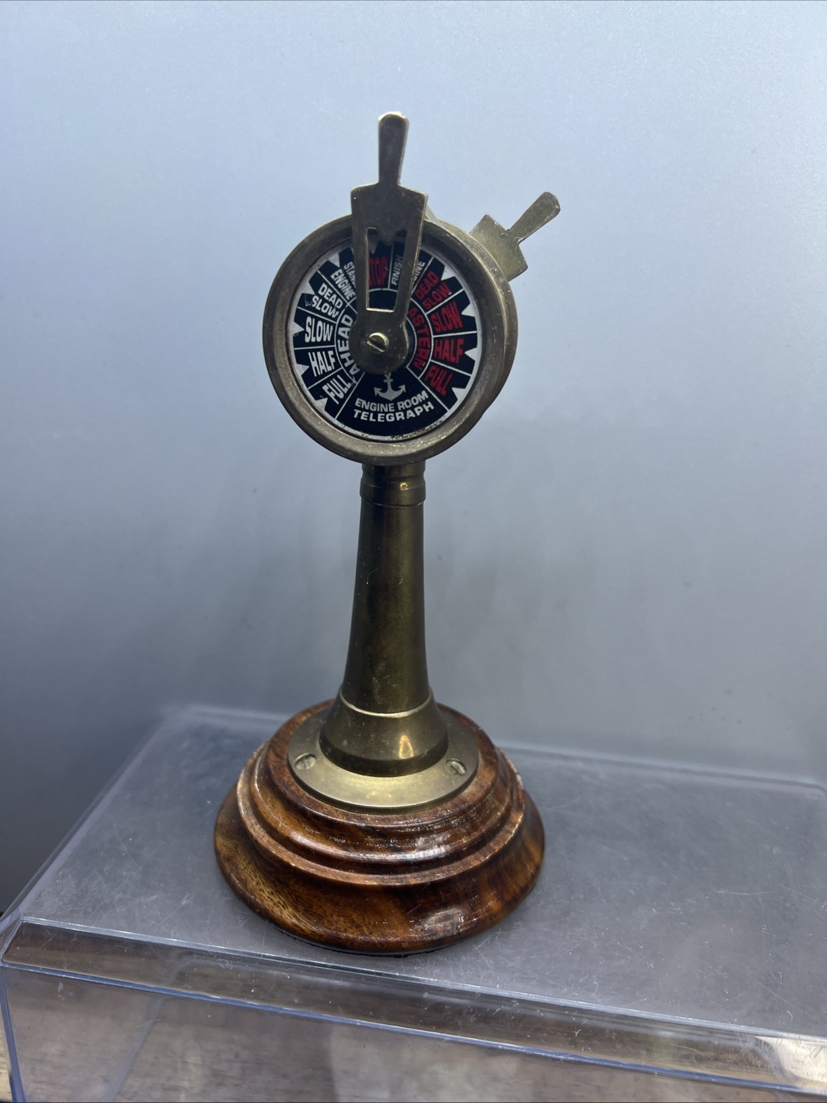 Vintage Brass Nautical Ship Engine Room Telegraph Nautical Wood Base 6” Decor