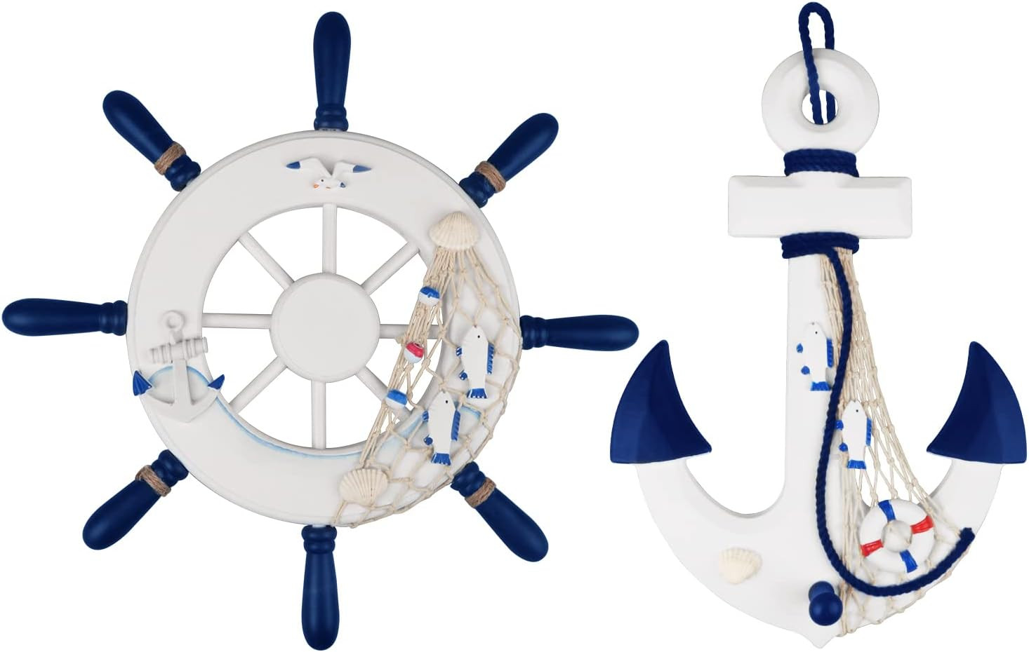 2 Pack 13" Nautical Beach Wooden Ship Wheel and 13" Wood Anchor with Rope Nautic