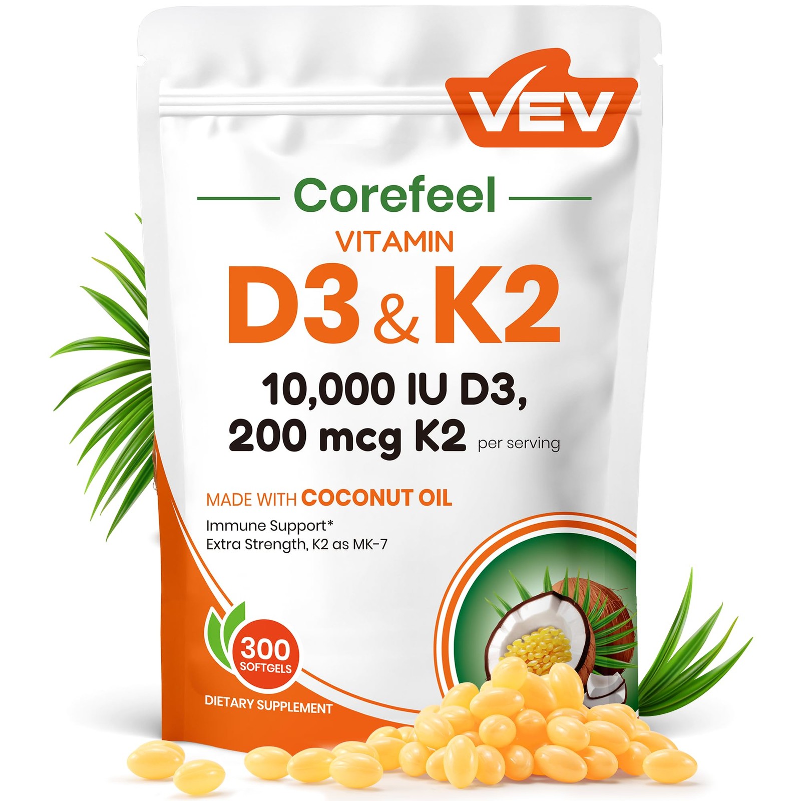VEV Corefeel Vitamin D3 K2 10,000 IU, 200 mcg 300 Count (Pack of 1), White 