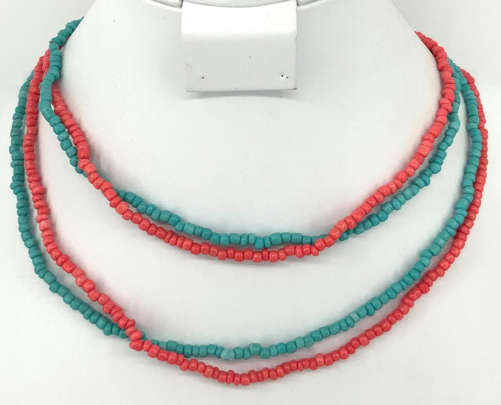 Vintage Glass Boho Strand Necklace Teal Coral Pink Seed Bead Layering Jewelry