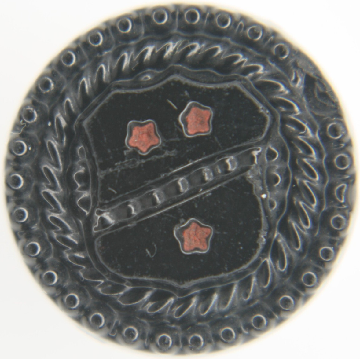 C1870 Antique Victorian Black Glass Button Heraldic Shield Red Stars Rope Border