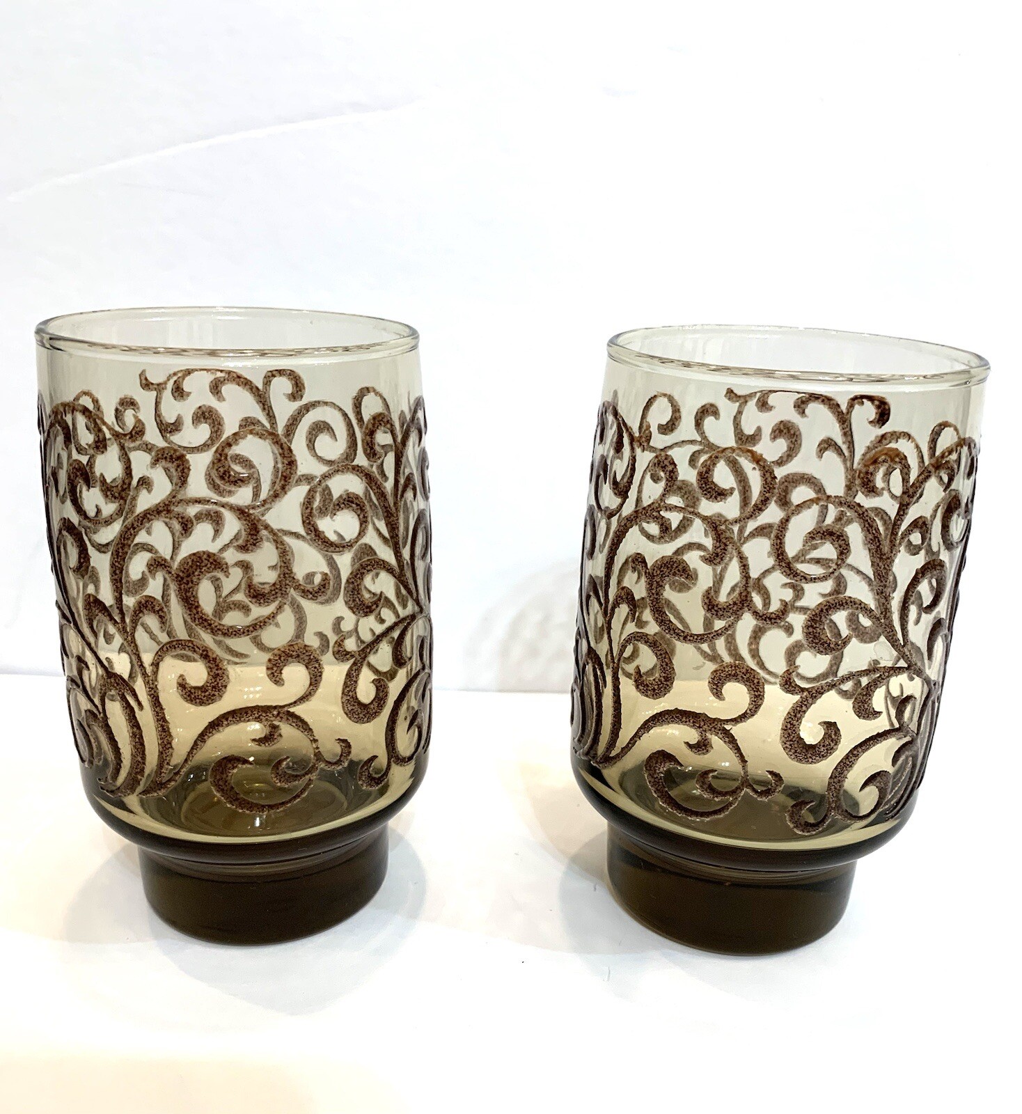 Libbey Prado Glasses Smoky Brown Scroll Design Tawny VTG Juice Tumbler Set Of 2