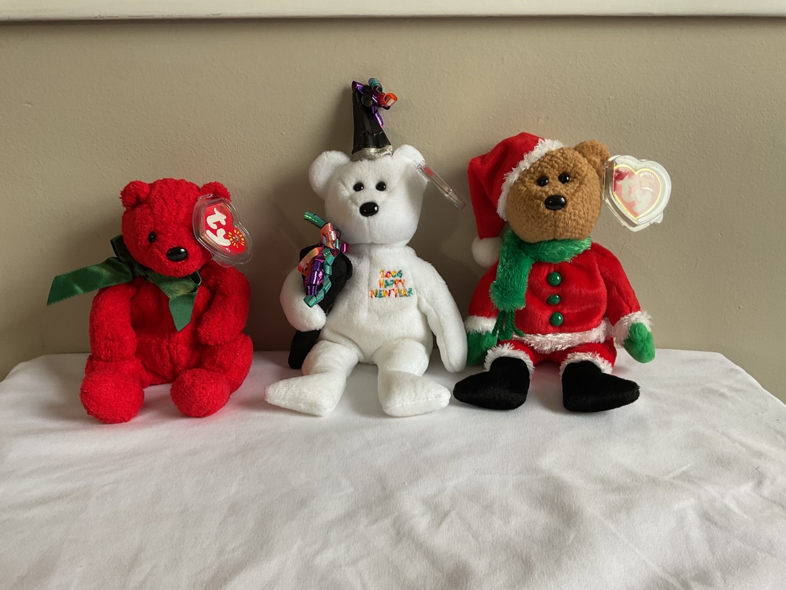 TY Beanie Baby Red Mistletoe, Kringle & New year Christmas Bears With Tags
