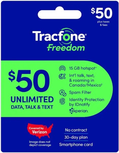Tracfon Freedom Card - $50 Unlimited Data, Talk and Text