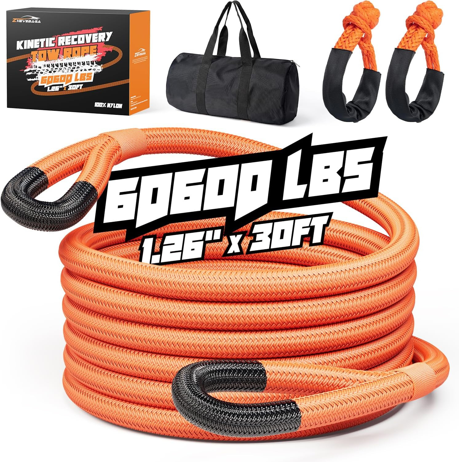 Kinetic Recovery Rope,1.26" X30Ft Heavy Duty Offroad Tow Rope/60600 Lbs Snatch S