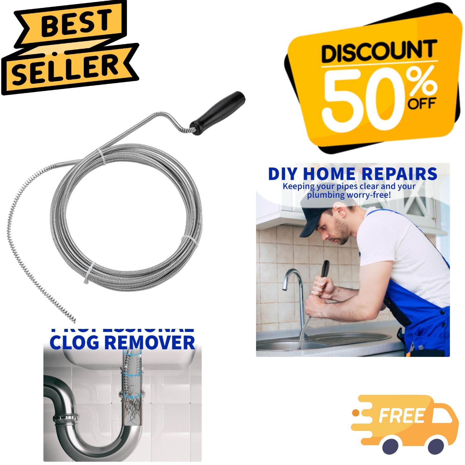 Metal Plumbing Snake 10 ft - Unclog Sinks, Toilets & AC Drain Lines Effortlessly