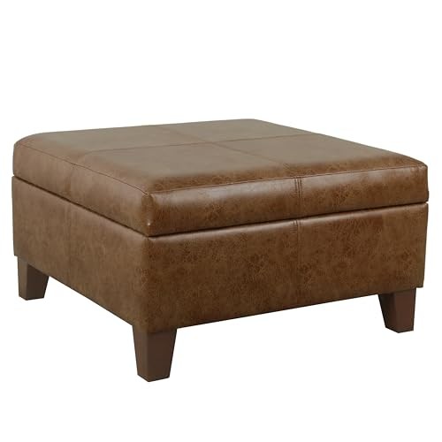  Faux Leather Square Storage Ottoman with Wood Distressed Brown Faux Leather