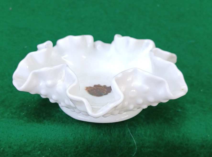 Fenton White Milk Glass Hobnail Ruffled Crimped Edge Bowl Candy Dish 6"