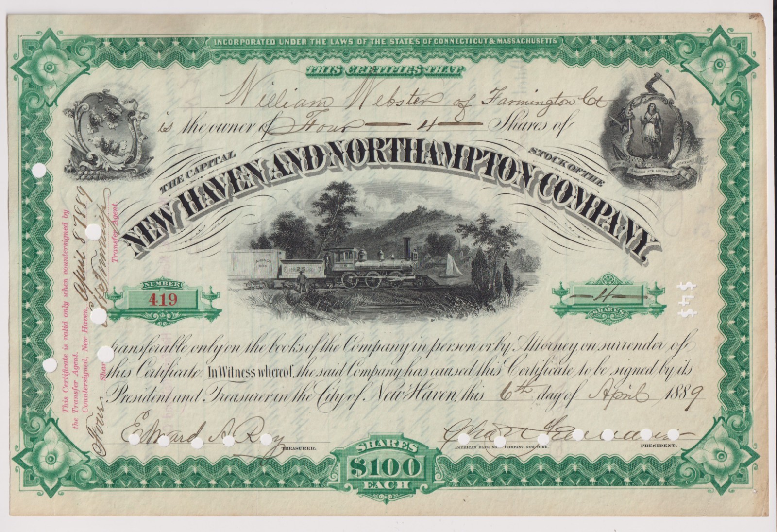 1889 New Haven Northampton Company Stock Certificate