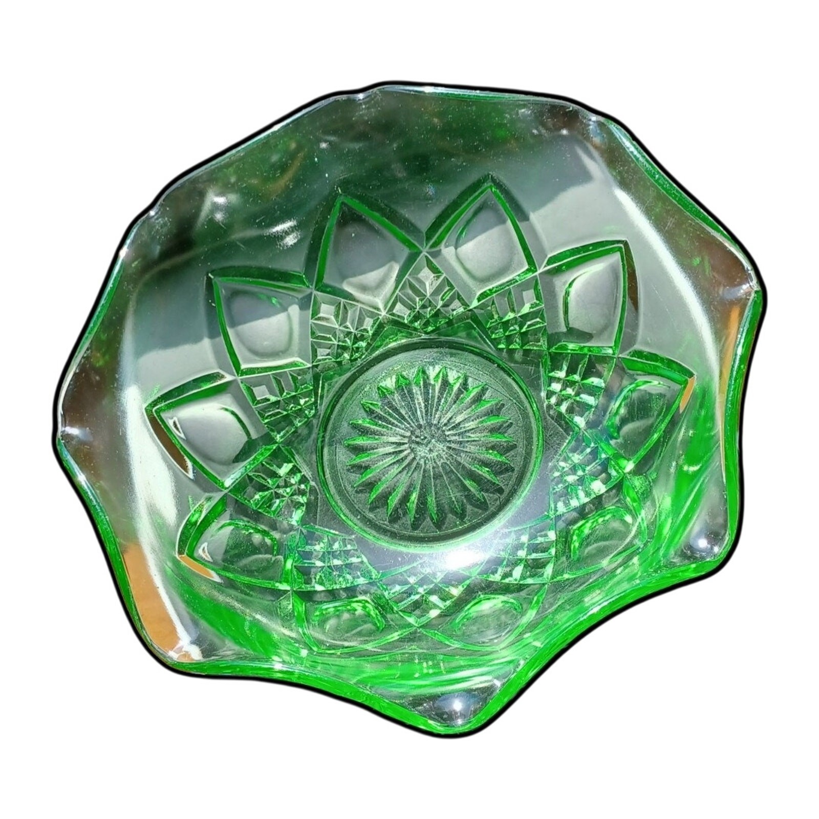 8-3/4" Hazel Atlas Diamond Arch Green Uranium Depression Glass Bowl 