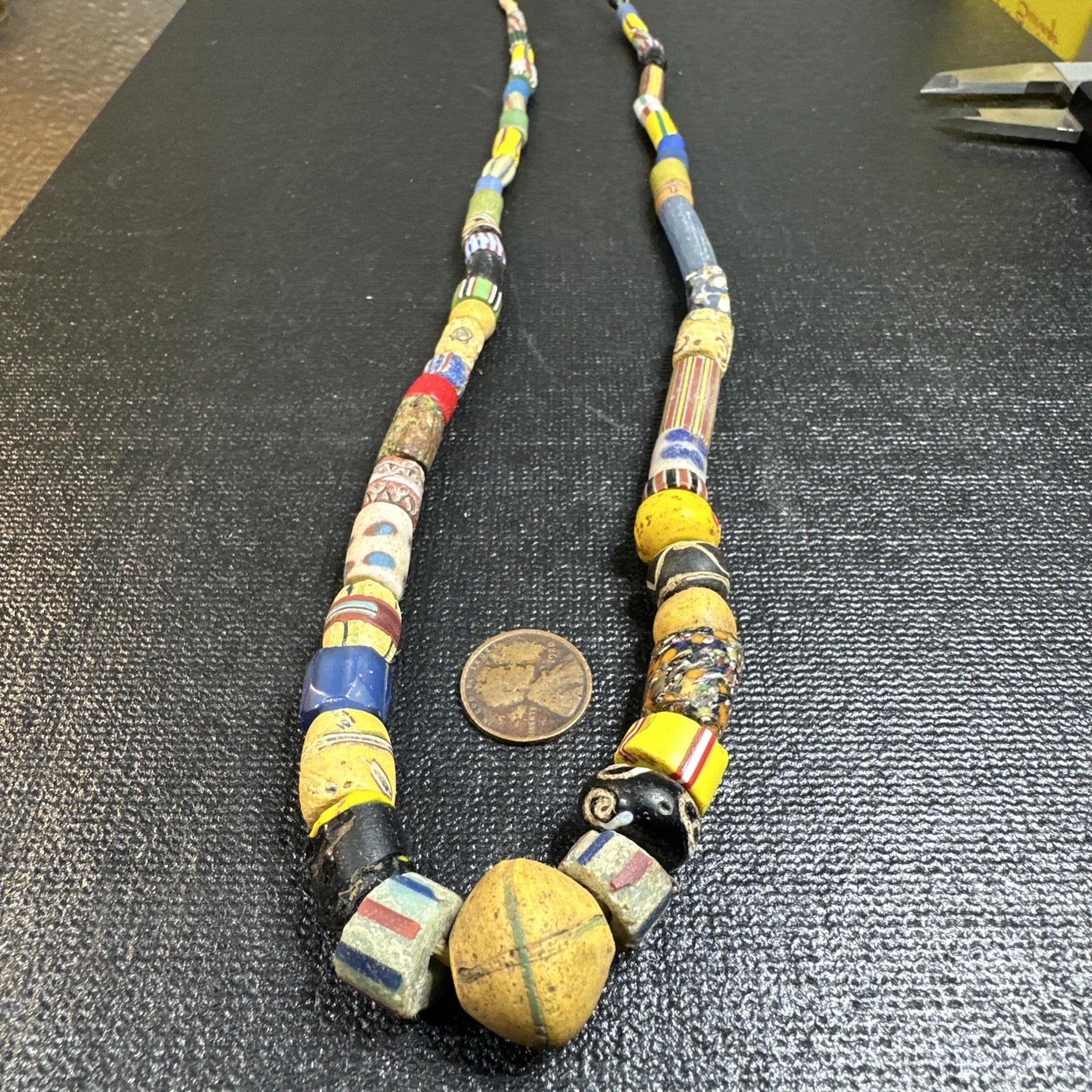 Antique African Trade Bead Necklace 24” Venetian Chevrons yellow  Cross Mix #2