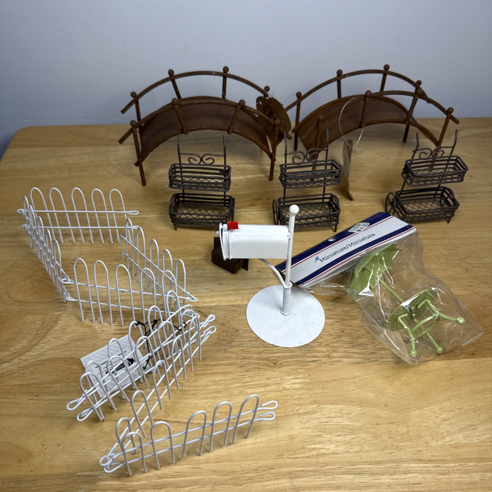 Dollhouse Fairy Garden Metal Table, Rustic Bridges, Mailbox, White Fence Lot