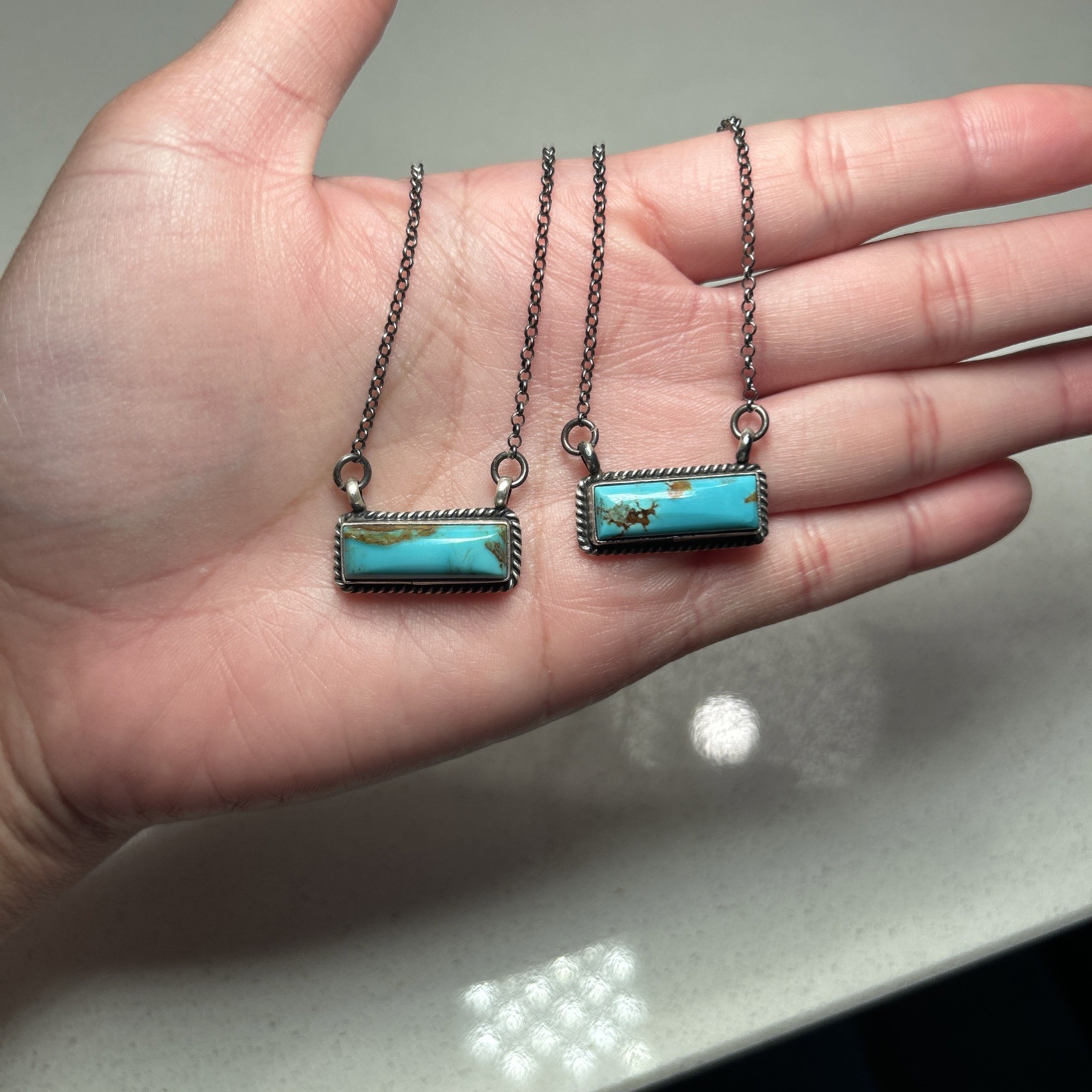 Navajo Kingman Turquoise Dixon Sterling Silver Bar Necklace 17" by J Dixon