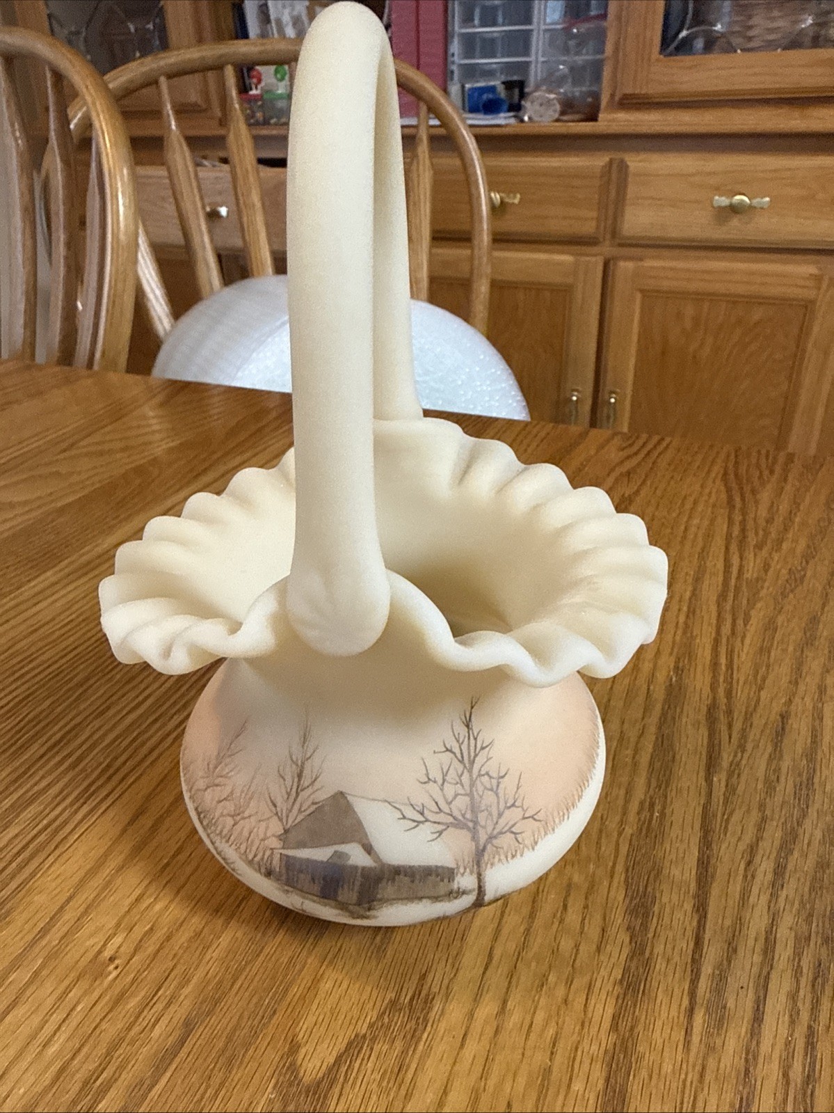Fenton Hand Painted Custard Satin Glass Basket With Log Cabin Signed