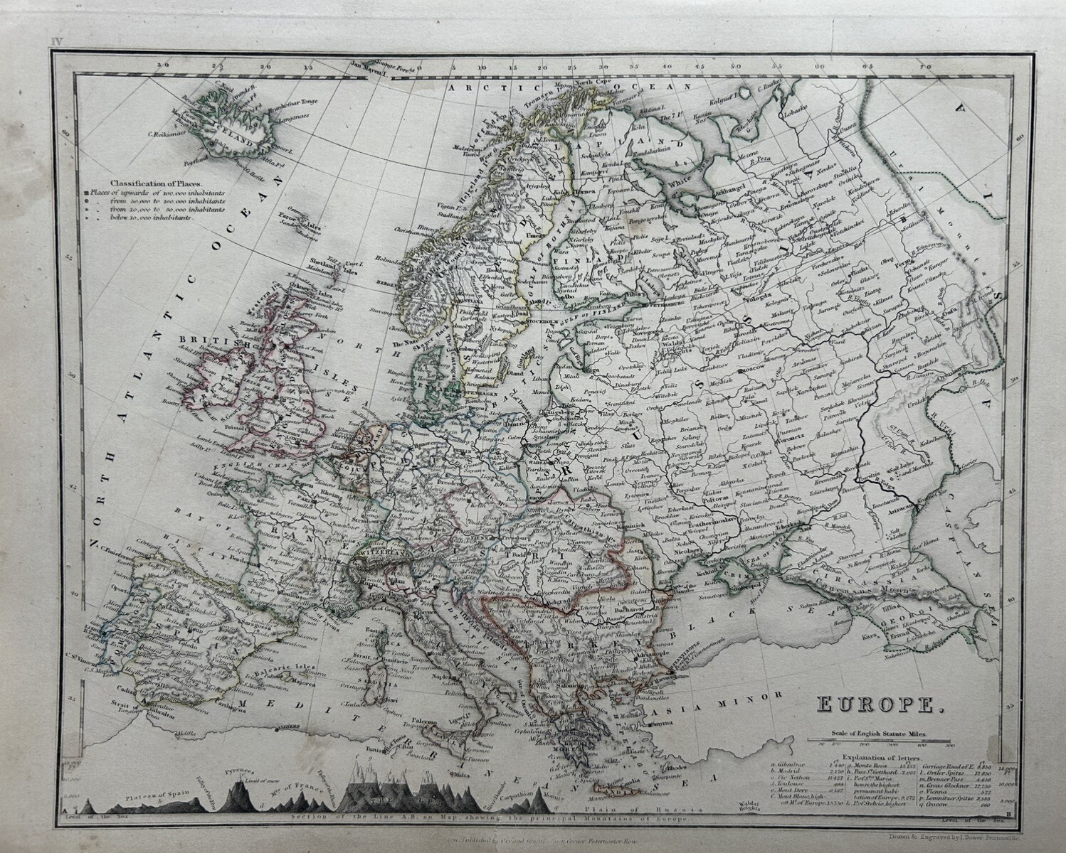 1850 Europe Hand Coloured Antique Map By John Dower Showing Mountains