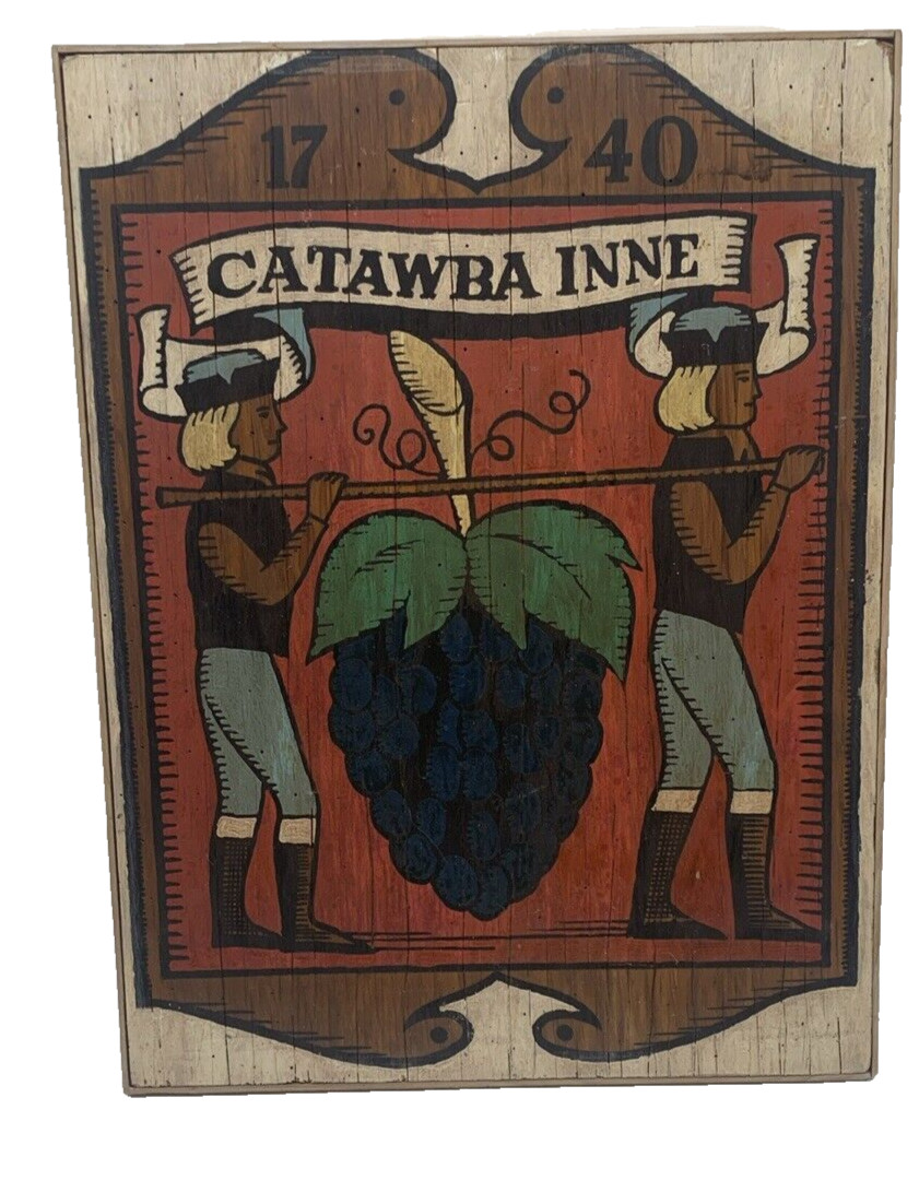 VTG 16" x 12" Folk Art Sign 1740 CATAWBA INNE Hand Painted Wood Primitive Style