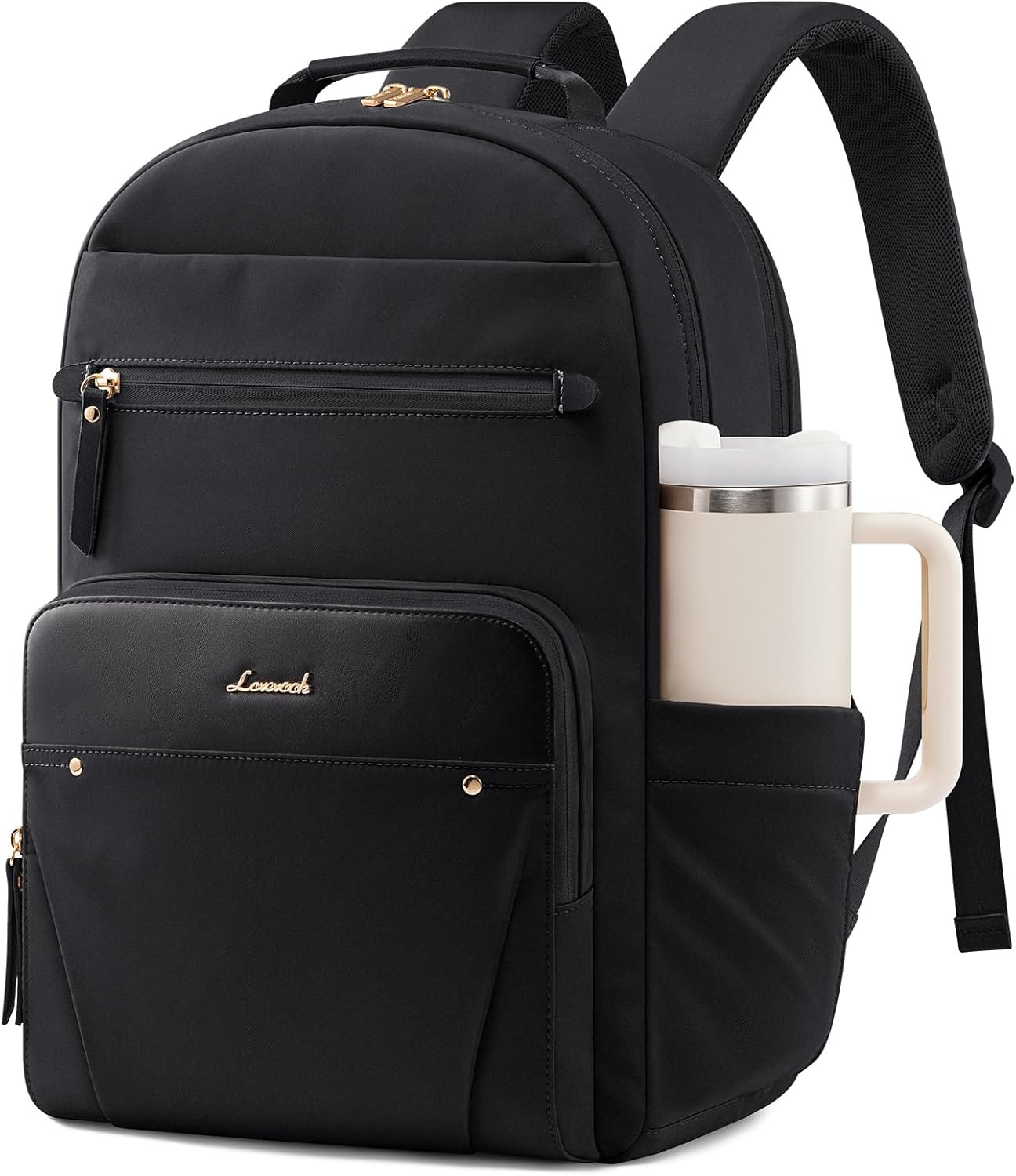 Laptop Backpack for Women with Leather Trim & Tumbler Pockets, 15.6" Work Backpa