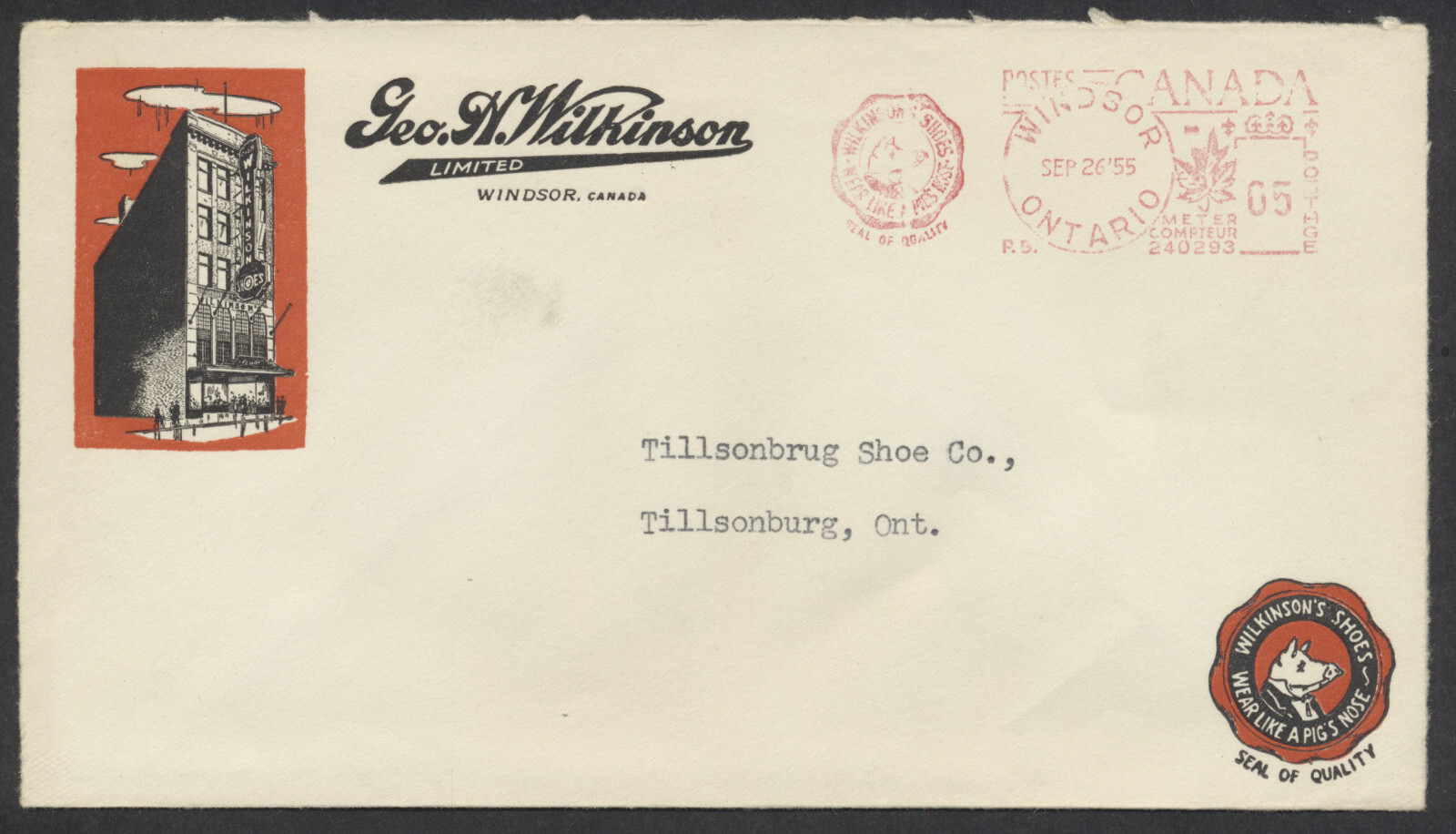 1955 Wilkinsons Shoes Advertising Cover and Advert Meter PB Type 13.1 Windsor ON