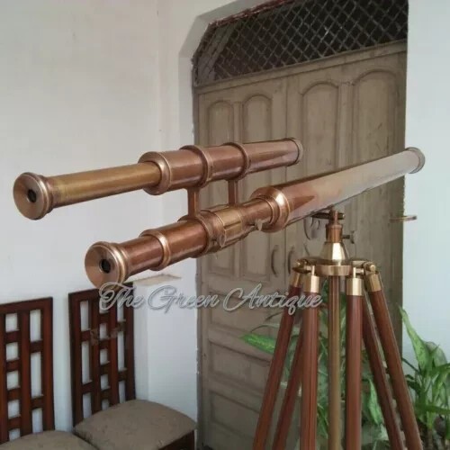 Antique Nautical Floor Standing Brass Telescope With Wooden Tripod Stand 39 Inch