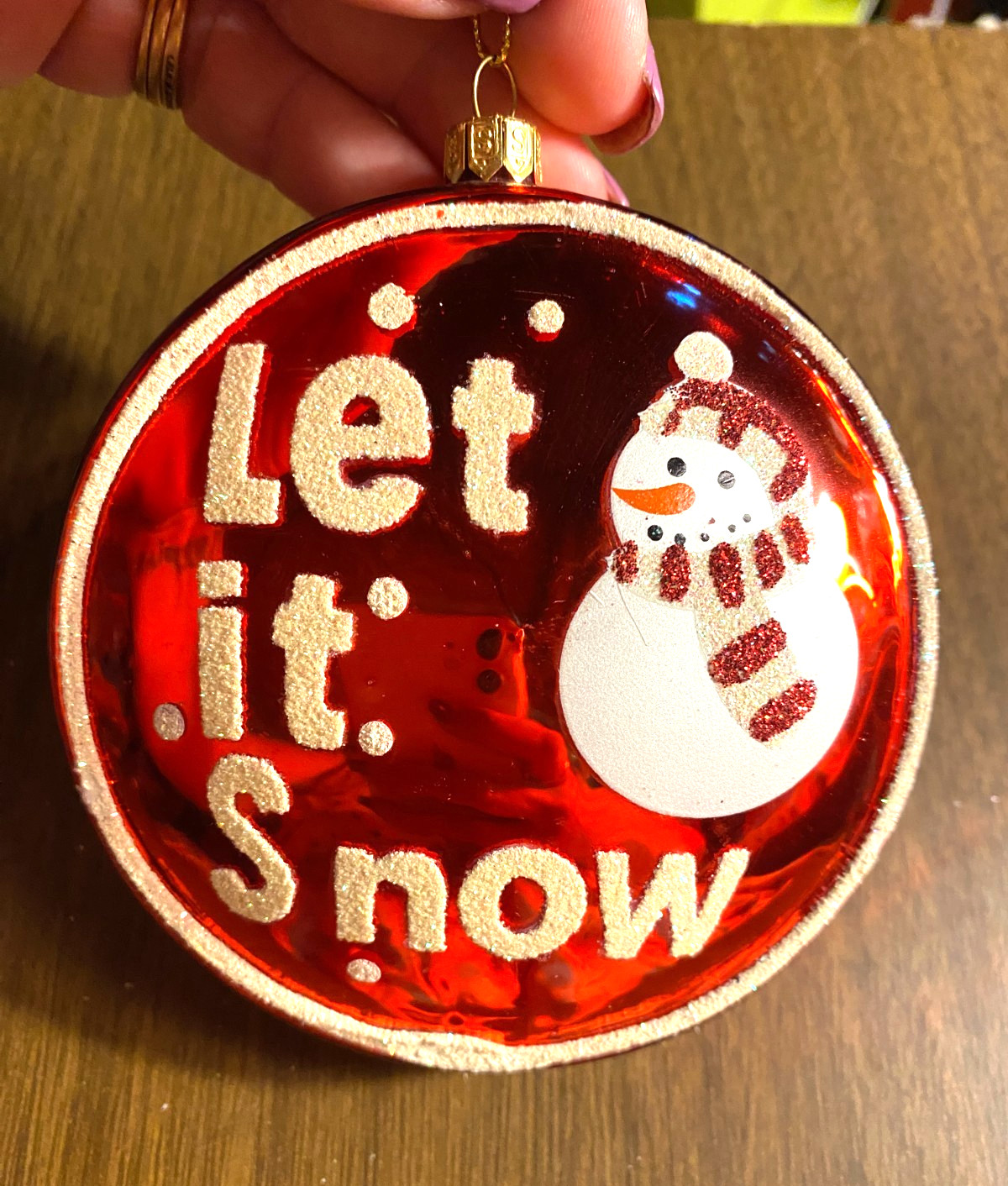 LET IT SNOW Snowman on Red Round Blown Glass Large Christmas Ornament 4"