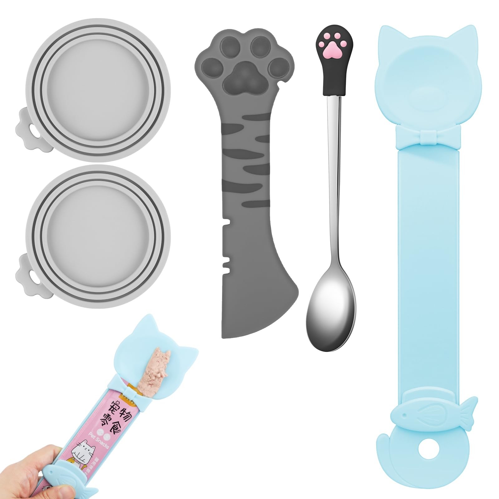Aecsze 5 PCS Cat Food Can Covers Lids Set, Silicone Pet Grey 