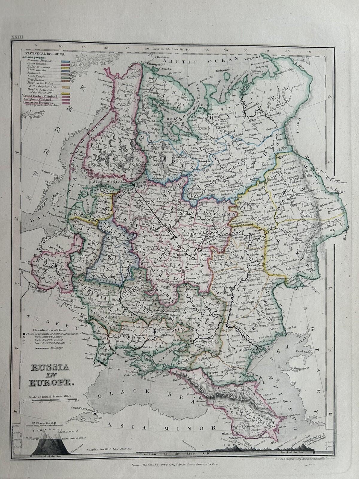 1851 Russia Hand Coloured Antique Map By John Dower Showing Mountains