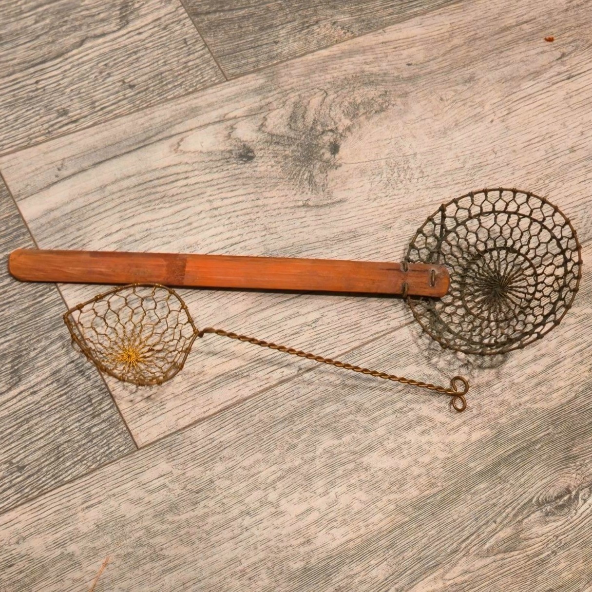 Antique Wire Skimmer set  Spoons Wooden Handle Primitive Farmhouse Kitchen tools