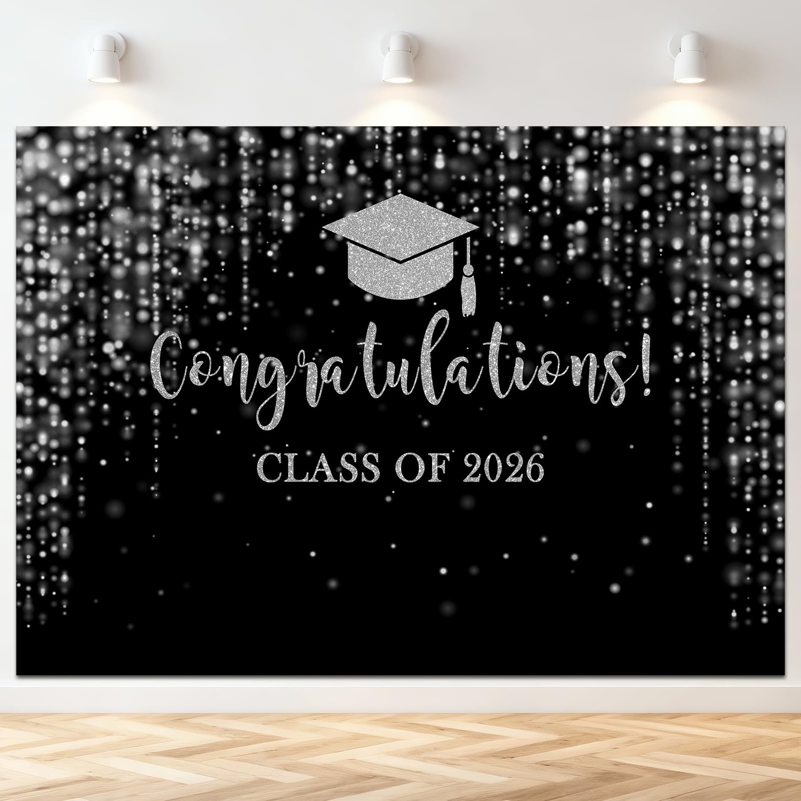 7x5ft Class Of 2026 Backdrop Black Silver Glitter Bokeh Graduation Photo