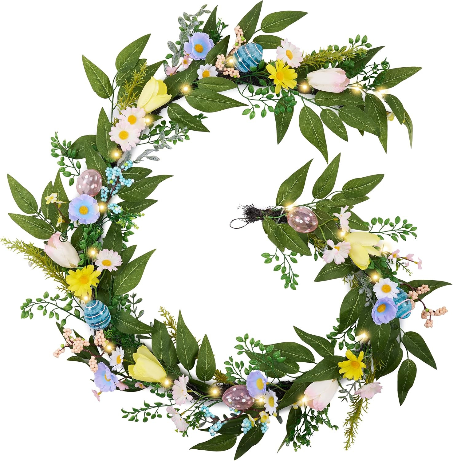 6Ft Lighted Easter Garland for Mantle, Pre-Lit Spring Flower Garland with Pastel