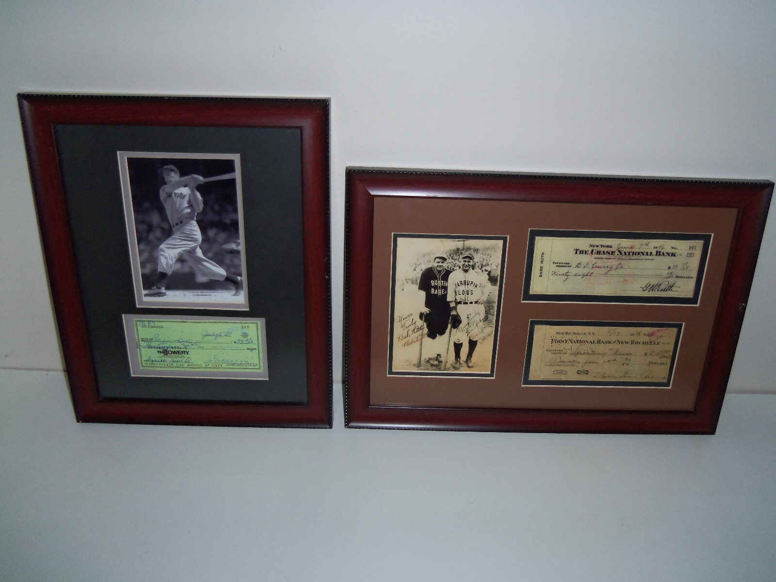 BABE RUTH LOU GEHRIG JOE DIMAGGIO DISPLAY FRAMED PHOTOS & PERSONAL BANK CHECKS