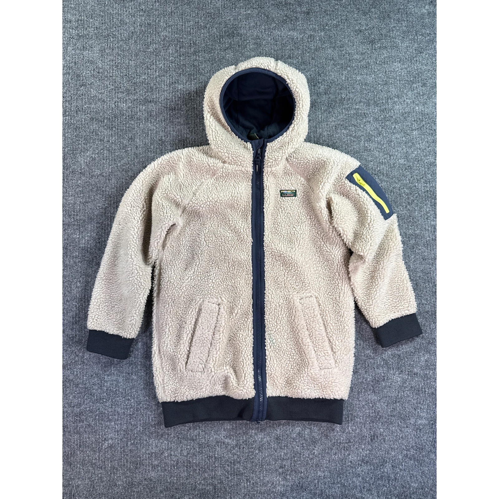 L.L. Bean Sherpa Fleece Jacket Kids M 10-12 Cream Navy Full Zip Hooded Hoodie