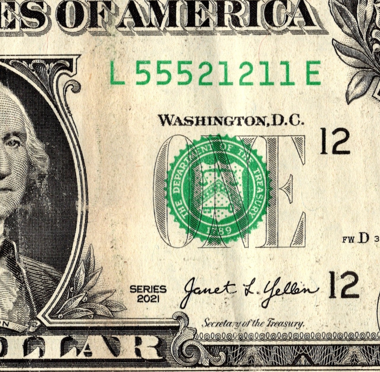 Trinary Fancy Serial Number One Dollar Bill L55521211E