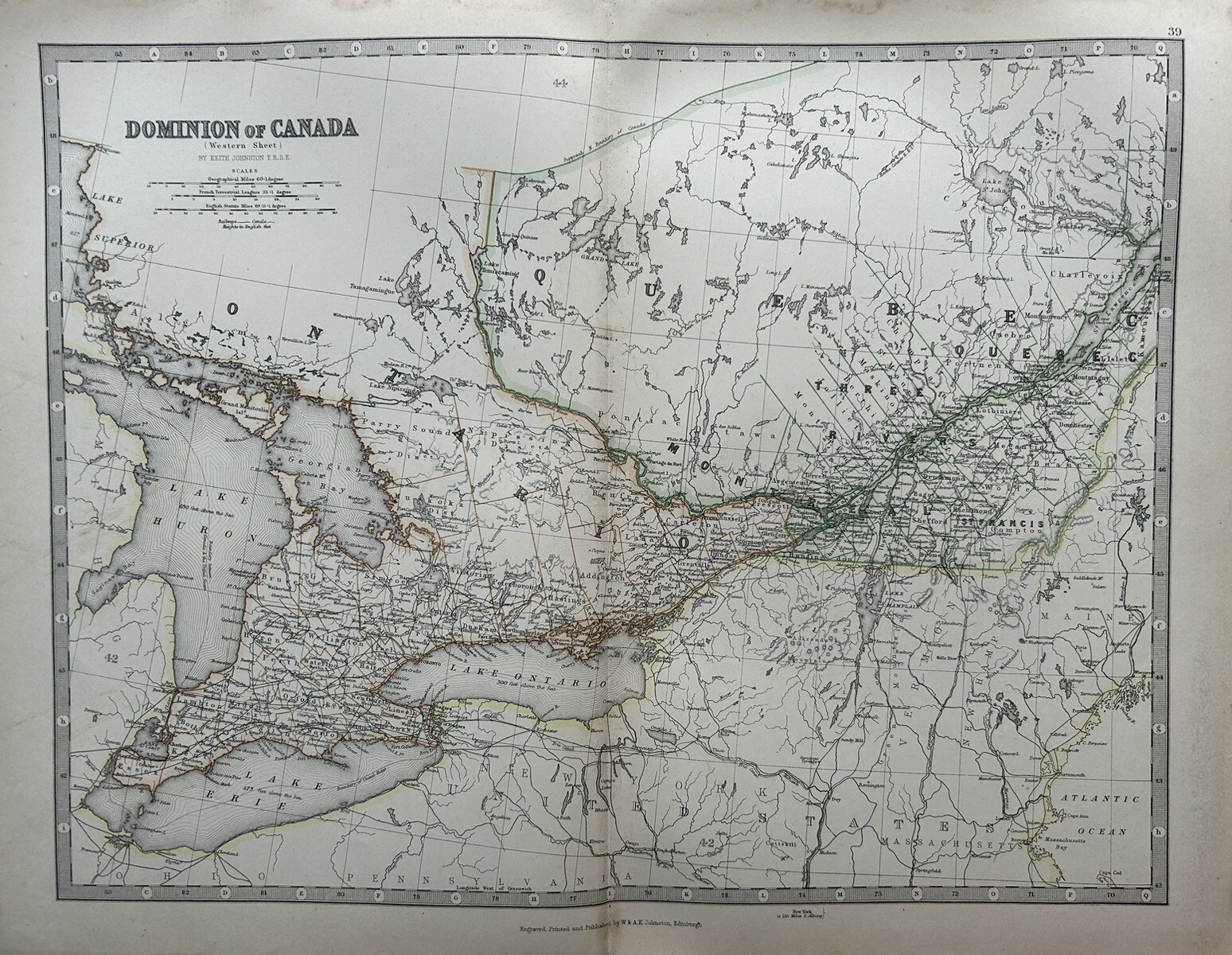 1884 Central Canada Hand Coloured Original Antique Map by Johnston