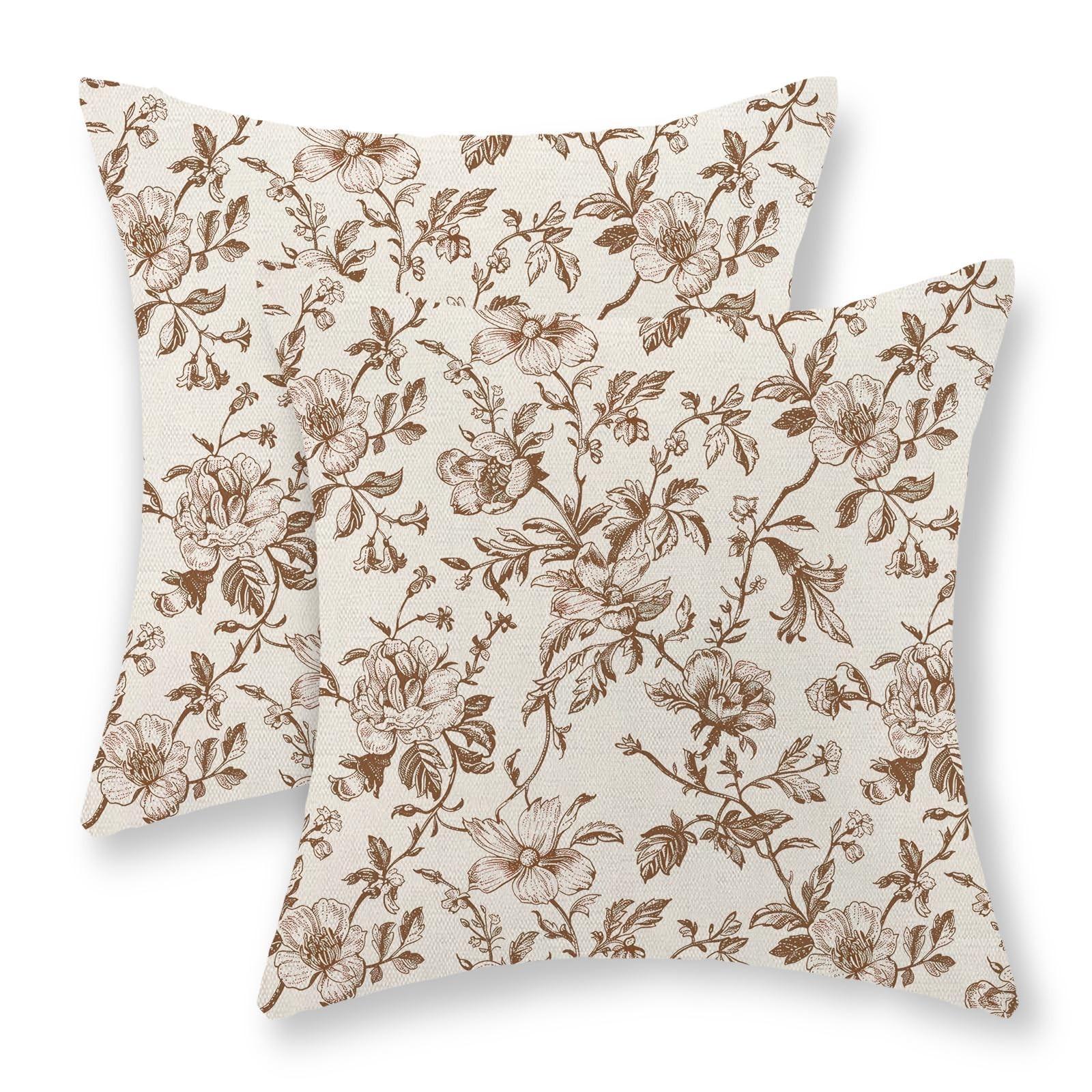 Brown Pillow Covers 24x24 Set of 2 Brown and Cream Chinoiserie Floral Decorat...