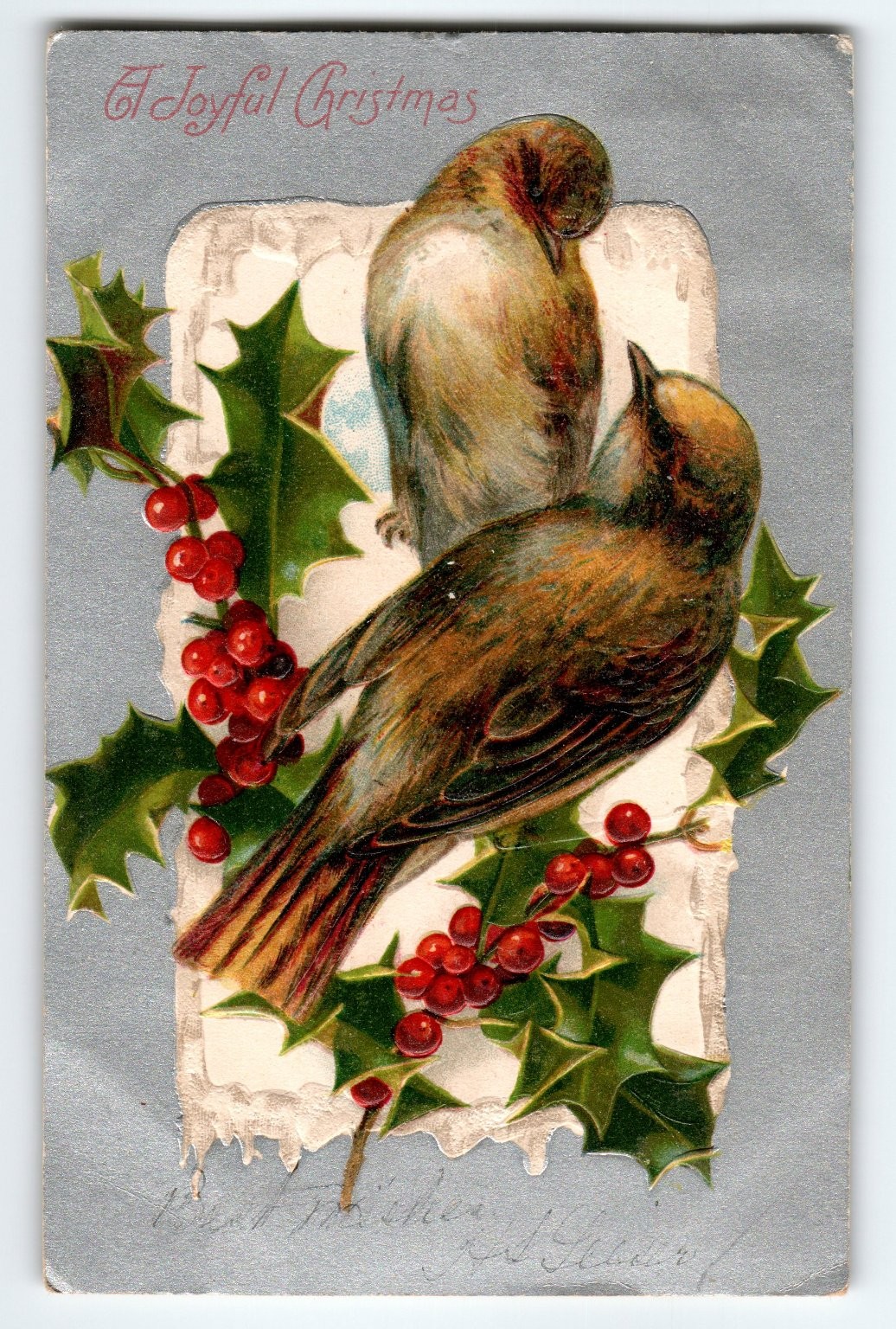 Vintage 1908 Christmas Postcard Birds Holly Embossed Silver Foil