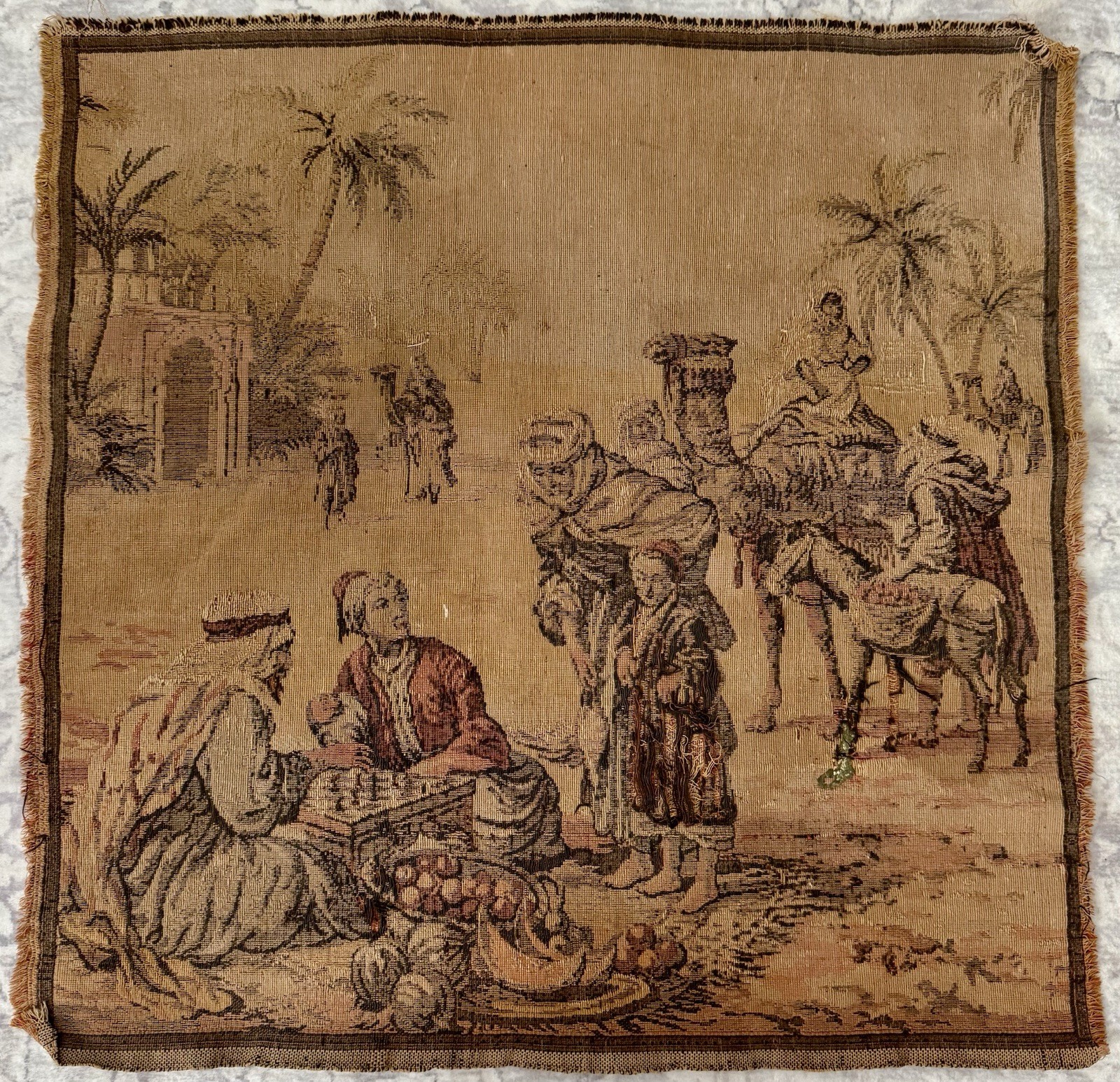 Antique Woven Tapestry Mid Eastern St Scene 19”x 19” LABEL 100% MADE IN BELGIUM