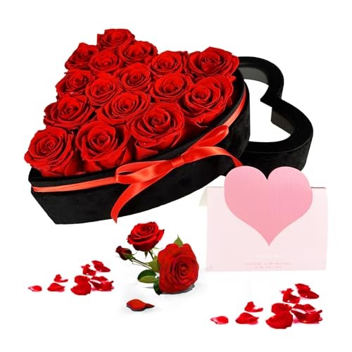 16-Piece Preserved Flower Real Rose in Luxury Suede Heart Shape Box, Red