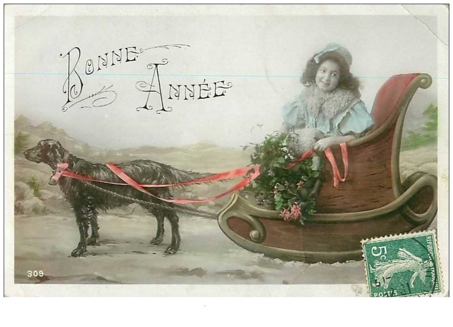 Dogs No. 11055 Happy New Year Dog Pulling A Sled