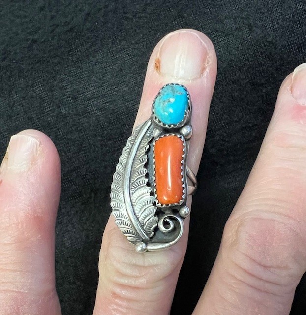 Orville Tsinne Navajo Coral Turquoise Sterling Silver 925 Ring