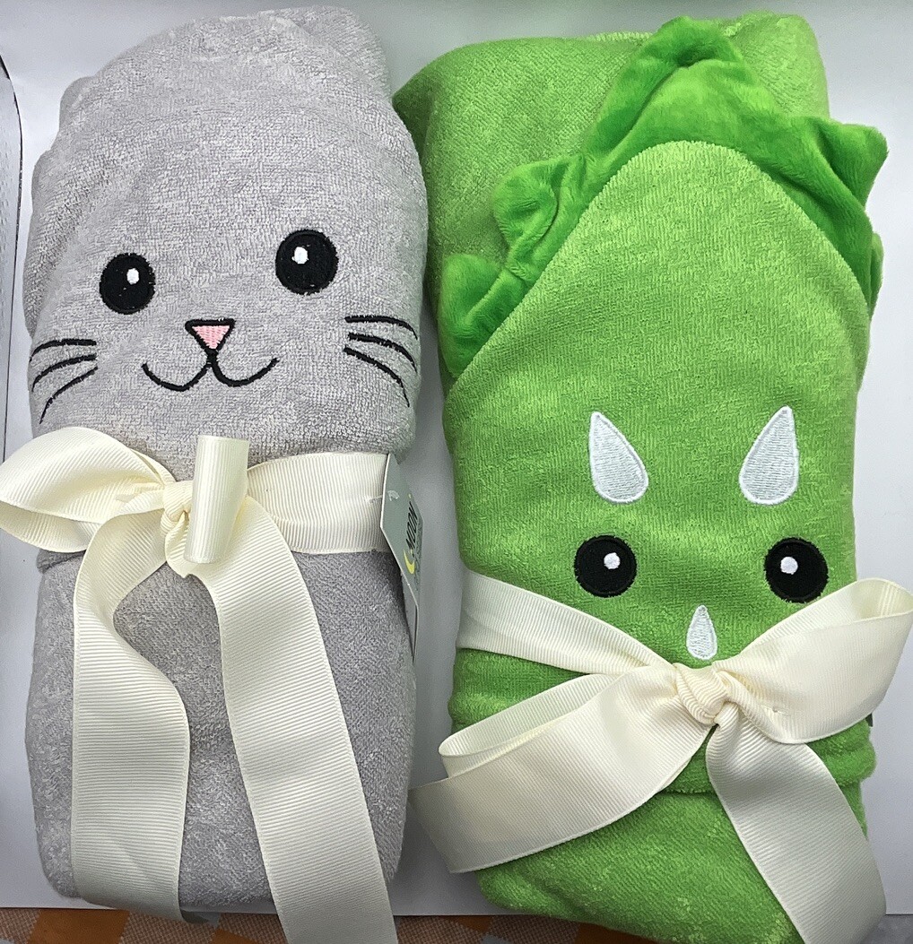 Moon and Stars Gray Cat & Dinosaur Baby Hooded Bath Towels