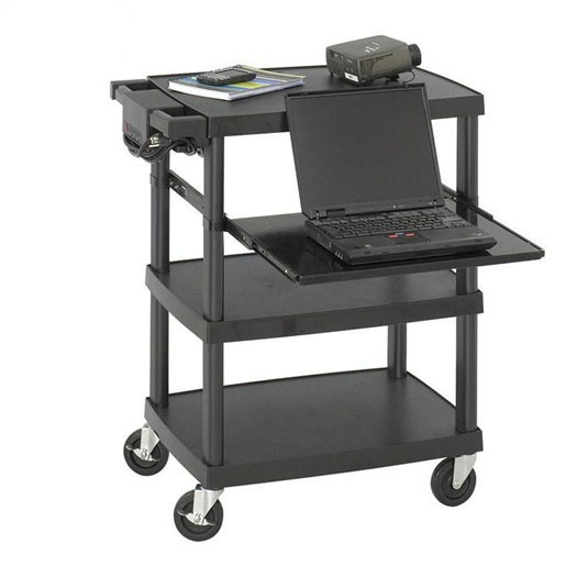 8929BL Modern Multimedia Projector Cart 3 Shelves 1 Slide out Shelf Black