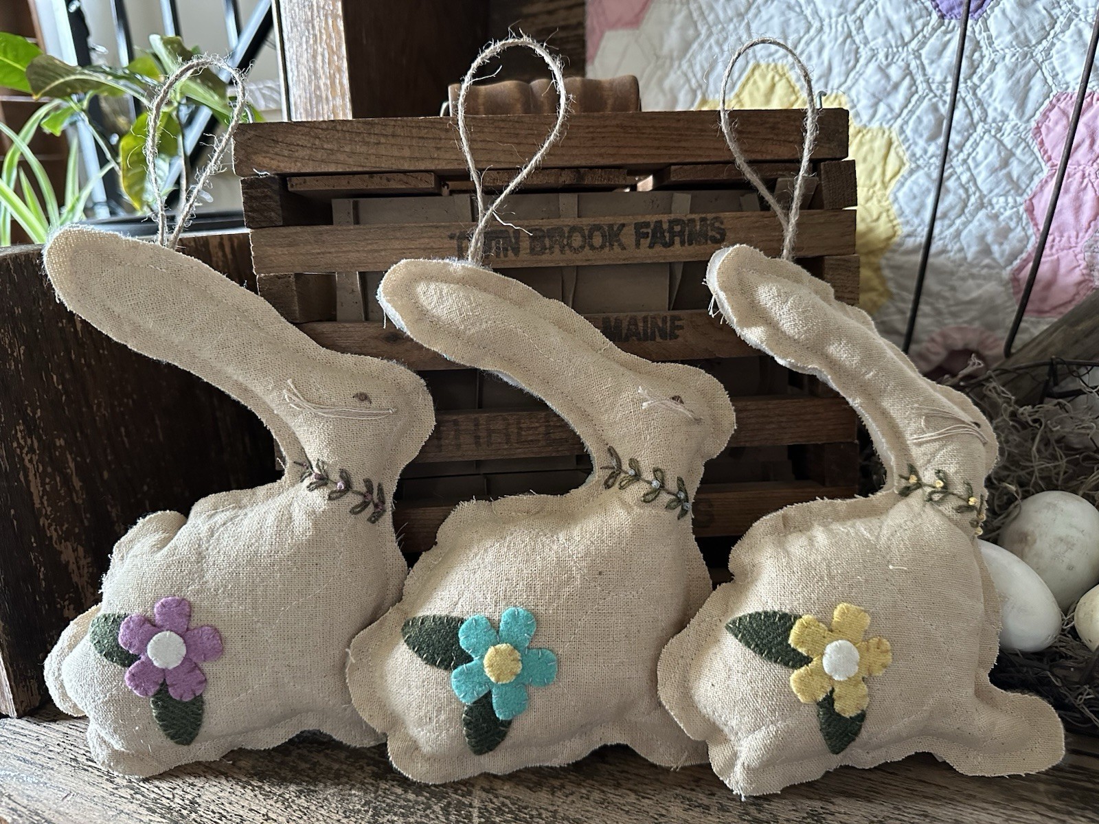 Set Of 3 Handmade Primitive Bunny Ornaments – Wool Appliquéd Spring Rabbits