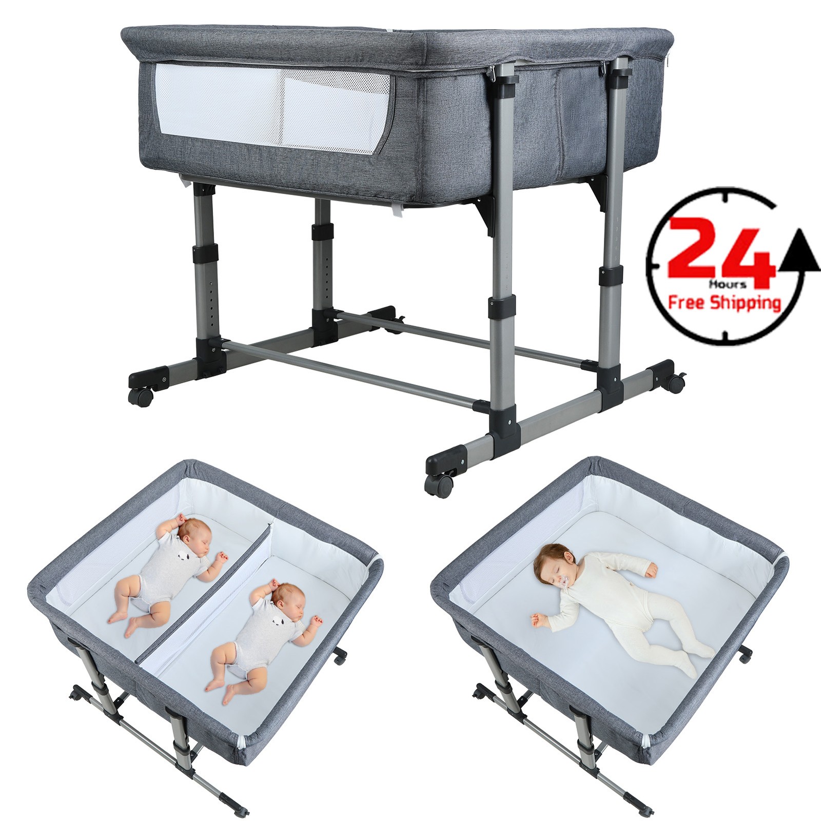 3 in 1 Baby Bassinet Bedside Sleeper 6 Adjustable Heights Removable Side Panel
