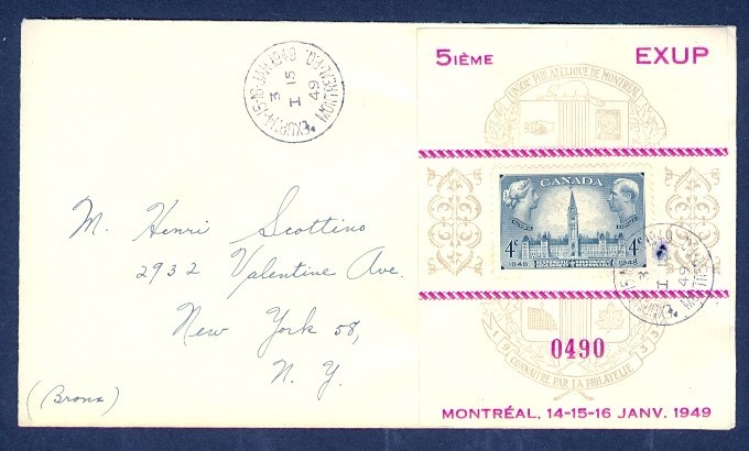 CANADA #490 MONTREAL EXUP 1949 LABEL TO USA